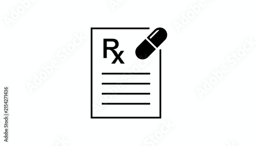Prescription document icon with a black pill illustration on a white background representing medical treatment.