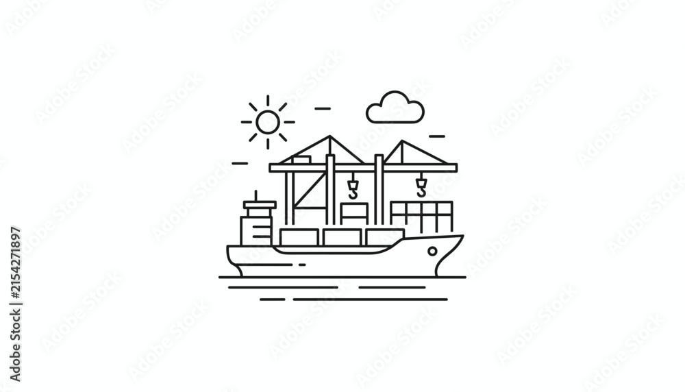 Fototapeta premium Thin line vector icon representing a cargo container ship at a busy harbor terminal loading and unloading goods.