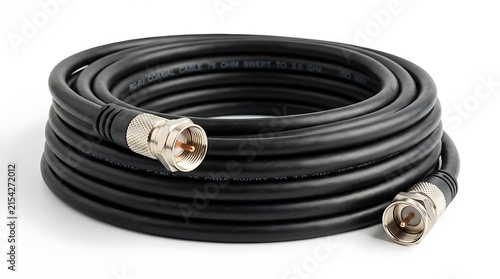 Coiled black coaxial cable with F-type connectors isolated on white.