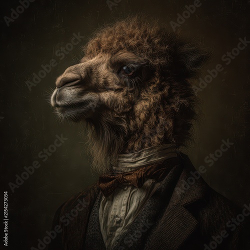 Anthropomorphic lion dressed in vintage formal suit with bow tie, portrait style, dark background