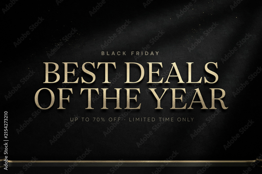 Fototapeta premium Black Friday Best Deals of the Year banner, elegant gold typography on dark fabric background, luxury retail sale promotion with 70% off discount