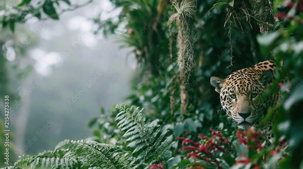 Obraz premium The Leopard Peeking Through Verdant Jungle Foliage in Misty Green Light