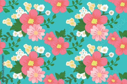 Seamless floral pattern with pink flowers and green leaves on turquoise background