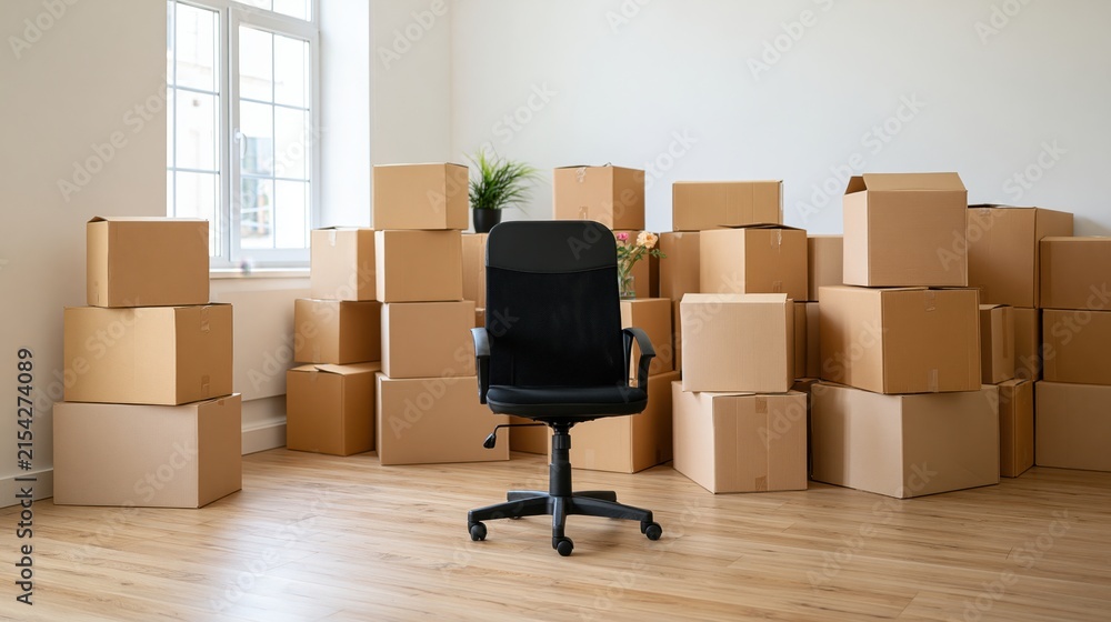 Fototapeta premium The Office Chair Centered Among Cardboard Boxes in an Empty Room