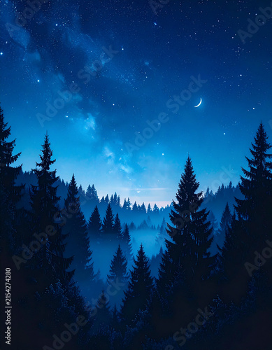 Obraz na płótnie 星空が広がる静かな森と山々の夜景