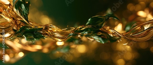 Glistening liquid gold intertwines with dark green foliage in a bokeh-rich composition