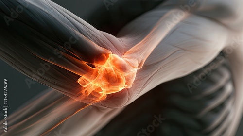 Close-up medical illustration of a human elbow joint with inflamed bone and surrounding musculature