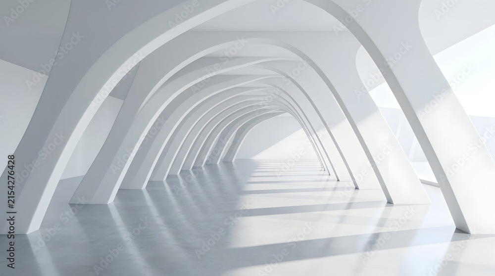 Obraz premium Modern white hallway interior with curved archway architecture