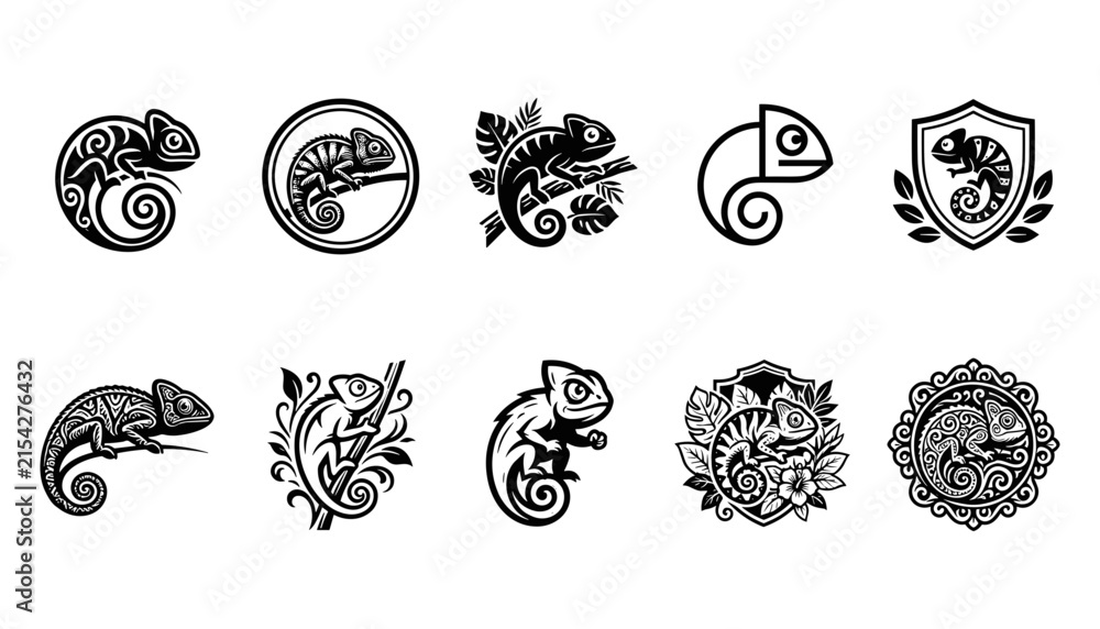 Fototapeta premium Chameleons in Ornate Black and White Decorative Icon Designs