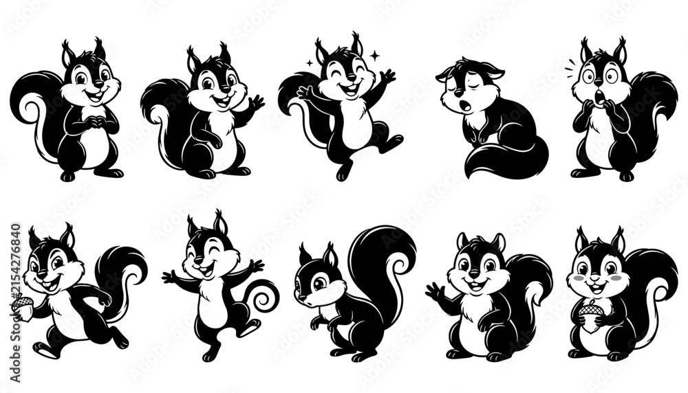 Obraz premium Squirrels in Playful Poses as Black and White Cartoon Characters