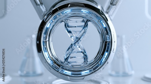Futuristic chrome device with illuminated DNA helix and lab flasks