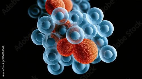 Microscopic view of luminous blue and orange spheres against a dark background
