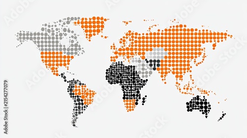 World map composed of colored dots showing global distribution