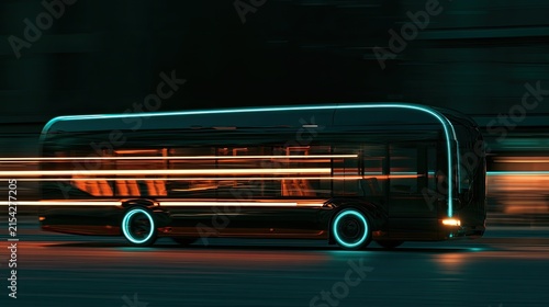 Sleek futuristic bus streaks through blurred city lights at night