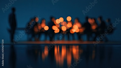 Out-of-focus gathering with warm lights reflected on a dark, polished surface