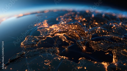 Illuminated planet with glowing city lights and connecting digital lines