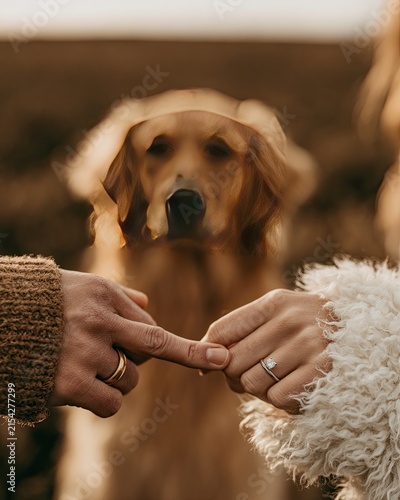 Couple's hands interlocked, diamond ring, dog in background
