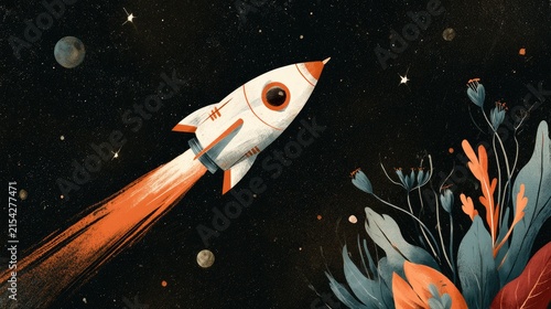 Whimsical rocket blasts through starry space, past alien plants