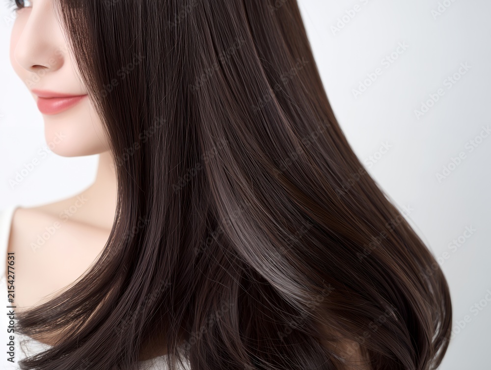 Naklejka premium 艶やかなブラウンのロングヘアが美しく光を反射する清潔感のある肌の女性のクローズアップ