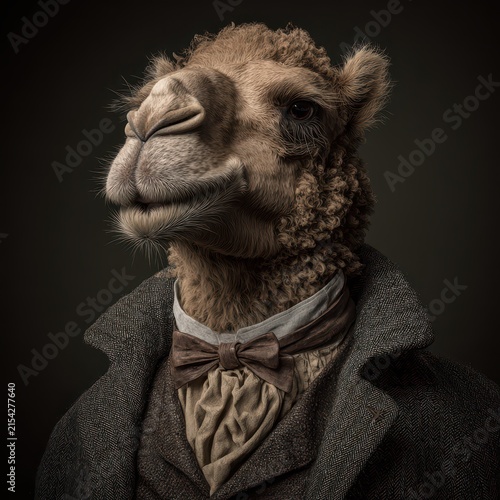 Anthropomorphic llama dressed in vintage suit with bow tie, formal portrait, detailed animal face, elegant clothing, dark background