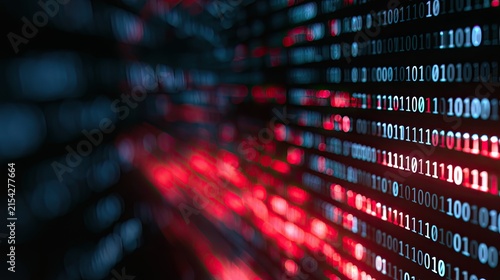 Red and blue binary code streams into a dark, blurred digital abyss