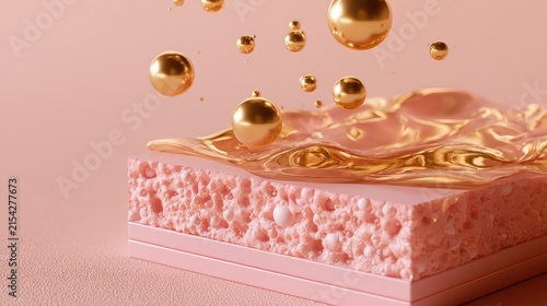 Abstract close-up of skin layers with golden liquid and spheres