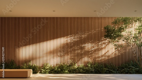Warm sunlight streams across slatted wood wall, dappling a lush green plant