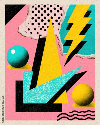 Retro abstract collage with geometric shapes and distressed textures