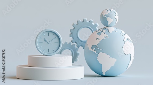 Abstract rendering of a clock and globe with gears on pedestals