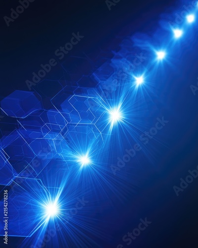 Bright blue lights and geometric shapes against a dark background