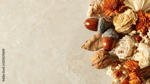 Autumnal still life with nuts, dried flowers, and leaves on marbled background