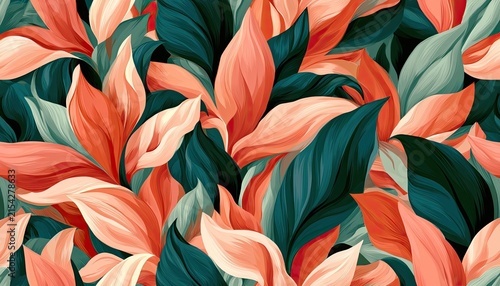 Vibrant, overlapping floral leaves in coral and teal hues create a lush pattern