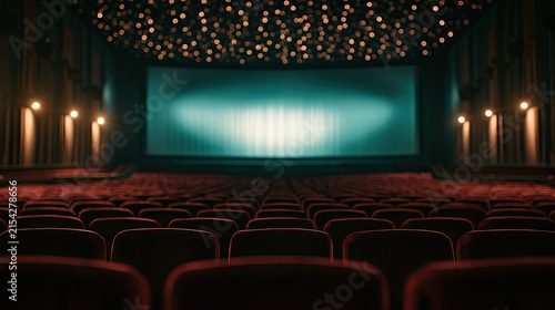 A vast, empty cinema auditorium with rows of plush seats and a large screen