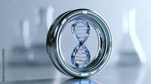Futuristic metallic ring enclosing a glowing DNA helix, laboratory flasks blurred