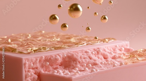 Microscopic view of pink layers with golden liquid and spheres