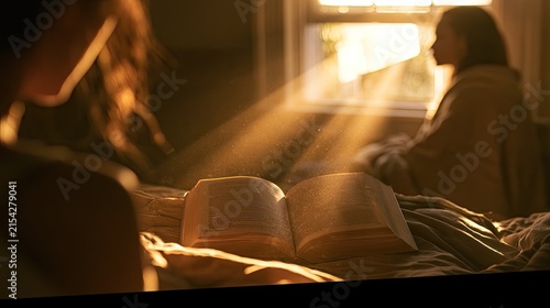 Warm sunbeams illuminate an open book on a bed with a person in background