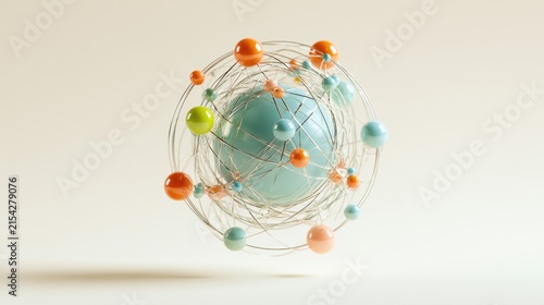 Abstract spherical structure with orbiting colorful elements and interconnected wires