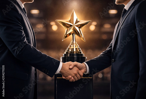 Business partners shaking hands over a golden trophy with star symbolizing success and achievement