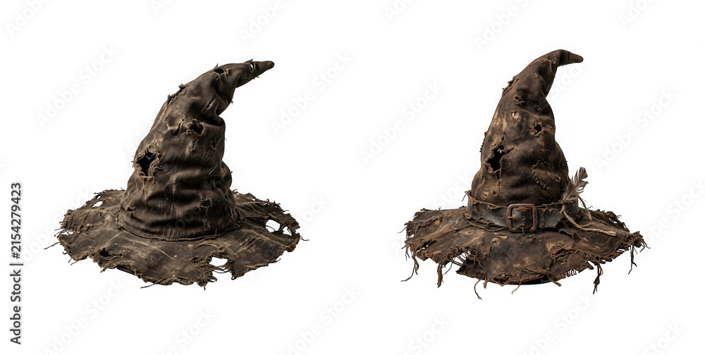Fototapeta premium Two tattered old wizard hats isolated on transparent background