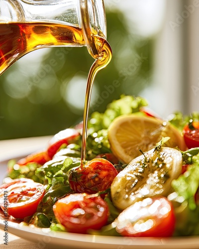 Olive oil being drizzled onto a vibrant salad of fresh greens and tomatoes