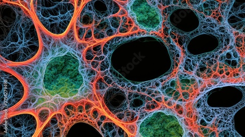 Abstract biological network with glowing orange and blue fibers