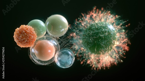 Abstract visualization of various glowing spheres and cellular structures in dark space