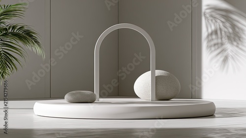 Minimalist geometric display with organic shapes and plant shadow