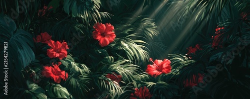 Vibrant red hibiscus flowers bloom amidst dense, verdant foliage with dramatic sunbeams
