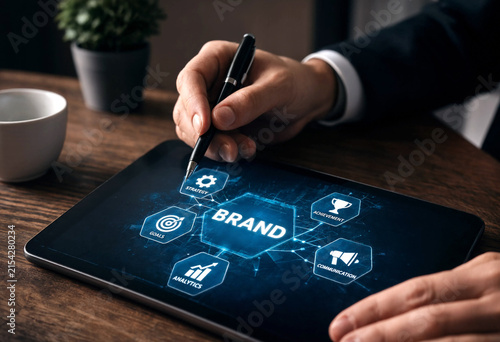 Business professional using a digital tablet to develop brand strategy and analytics concepts