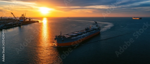 Cargo ship sails into harbor at sunrise, industrial cranes visible on shore