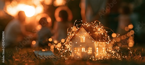 Cozy miniature house illuminated by fairy lights, with a blurred family in the background