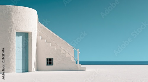 Clean white building with stairs, blue door, under a clear sky