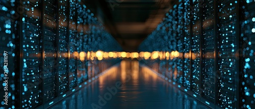 Futuristic server room with glowing blue lights and warm orange reflections