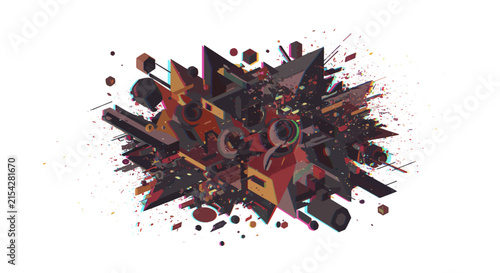 An abstract explosion of geometric shapes and textures, rendered in dark, earthy tones with splashes of red and brown, creating a chaotic yet intriguing visual composition